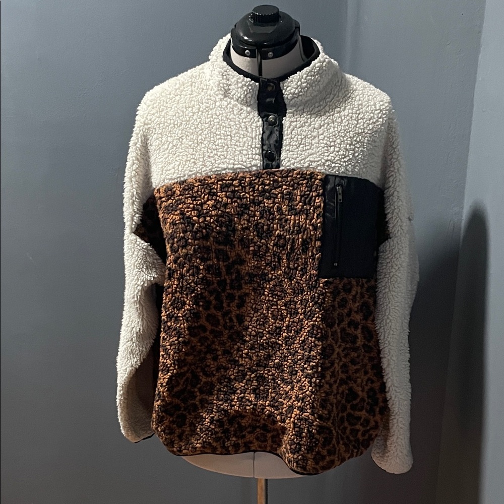 Seven7 Saga Print Faux Fur Print Sweater Jacket in White & Brown Size-XXL